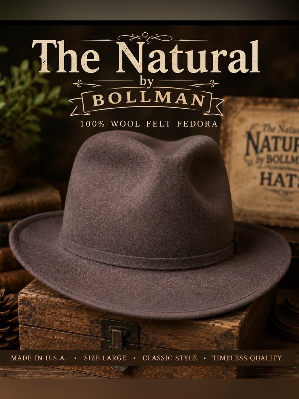 The Natural by Bollman 100% Wool Fedora • USA • Large. BR